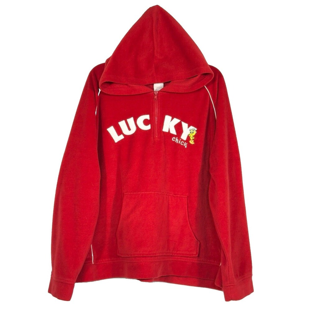 Y2K Looney Tunes Tweety Bird Lucky Chick Red Fleece Hoodie XL 1/4 Zip Vintage